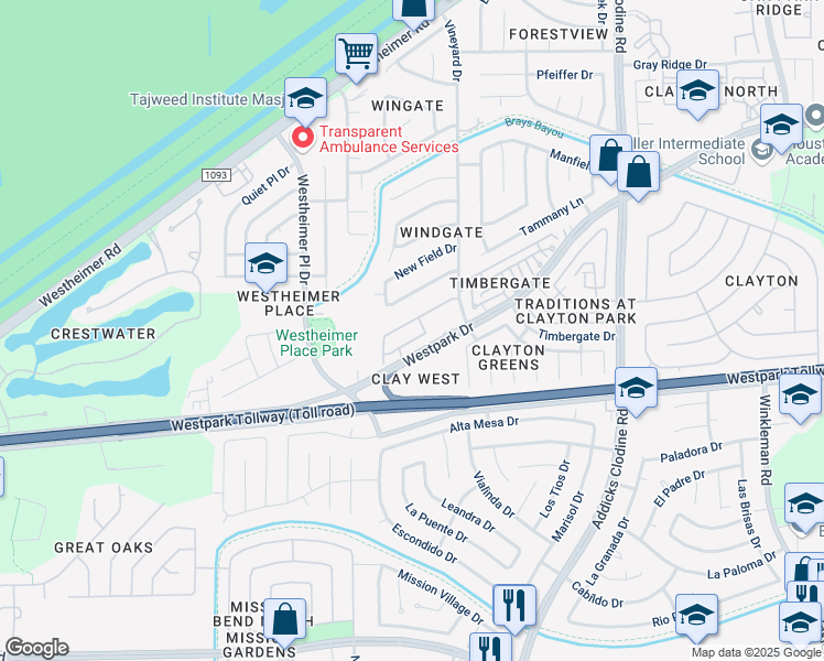 map of restaurants, bars, coffee shops, grocery stores, and more near 16170 Westpark Drive in Houston
