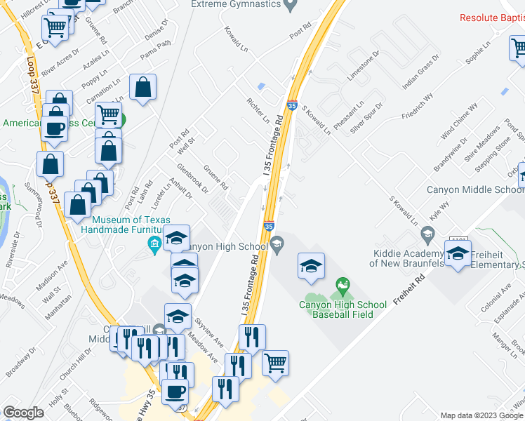 map of restaurants, bars, coffee shops, grocery stores, and more near 785 North Interstate 35 Frontage Road in New Braunfels