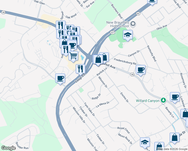 map of restaurants, bars, coffee shops, grocery stores, and more near 282 Kerlick Lane in New Braunfels