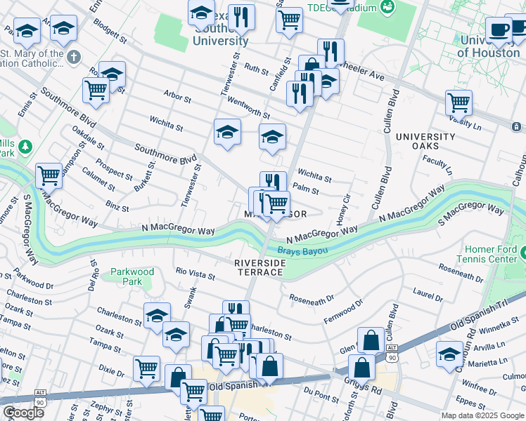 map of restaurants, bars, coffee shops, grocery stores, and more near 3723 Southmore Boulevard in Houston