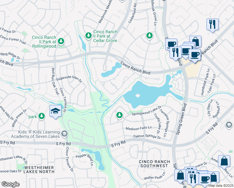 map of restaurants, bars, coffee shops, grocery stores, and more near 27807 Charter Lake Lane in Katy