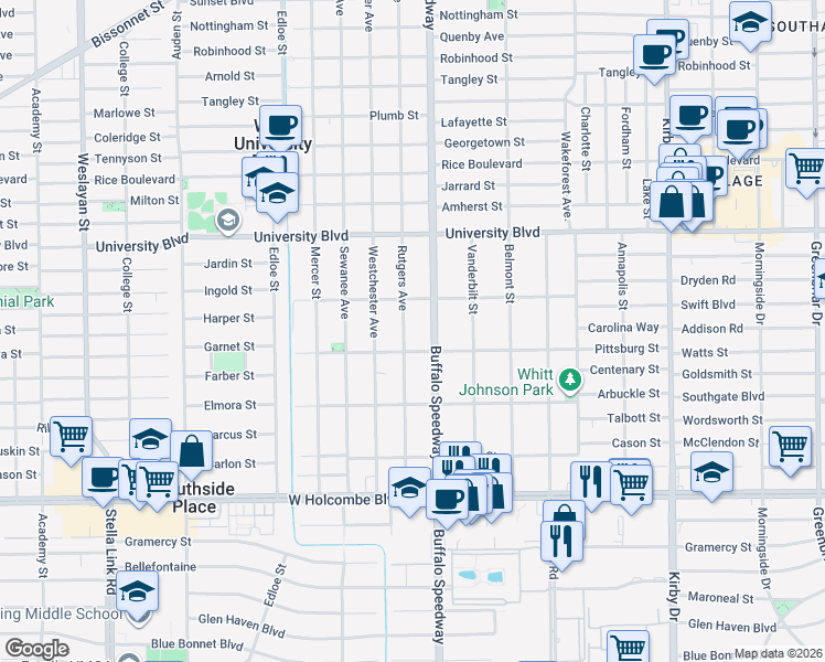 map of restaurants, bars, coffee shops, grocery stores, and more near 6421 Rutgers Avenue in Houston