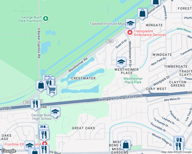 map of restaurants, bars, coffee shops, grocery stores, and more near 511 Bridge Crest Boulevard in Houston