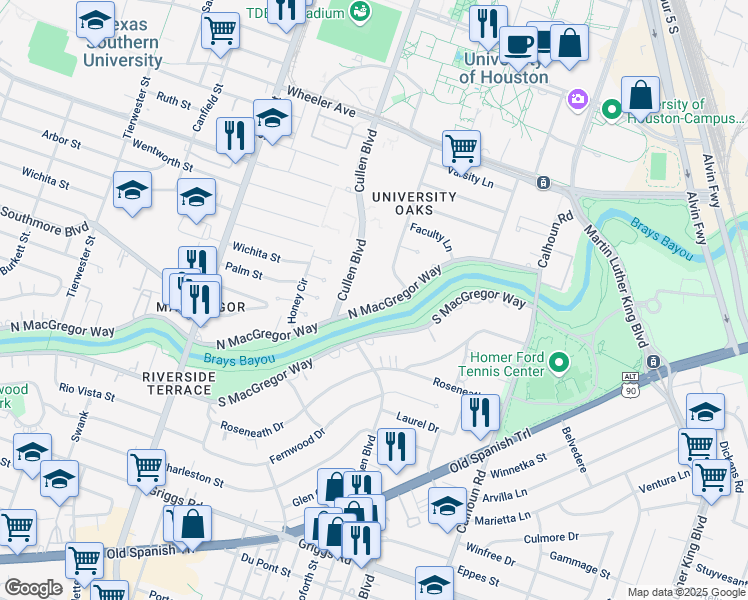 map of restaurants, bars, coffee shops, grocery stores, and more near 4341 North MacGregor Way in Houston