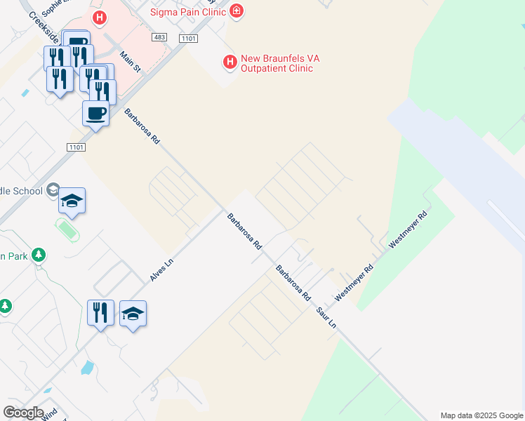 map of restaurants, bars, coffee shops, grocery stores, and more near 1022 Barbarossa Road in New Braunfels