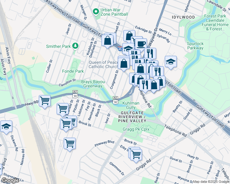 map of restaurants, bars, coffee shops, grocery stores, and more near 2632 Oakcliff Street in Houston