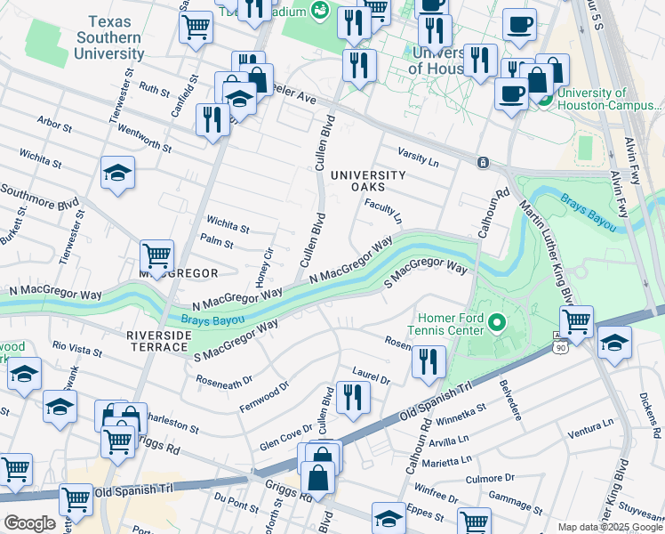 map of restaurants, bars, coffee shops, grocery stores, and more near 4341 North MacGregor Way in Houston