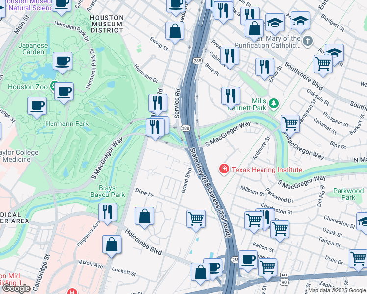 map of restaurants, bars, coffee shops, grocery stores, and more near 10 South Mac Gregor Way in Houston