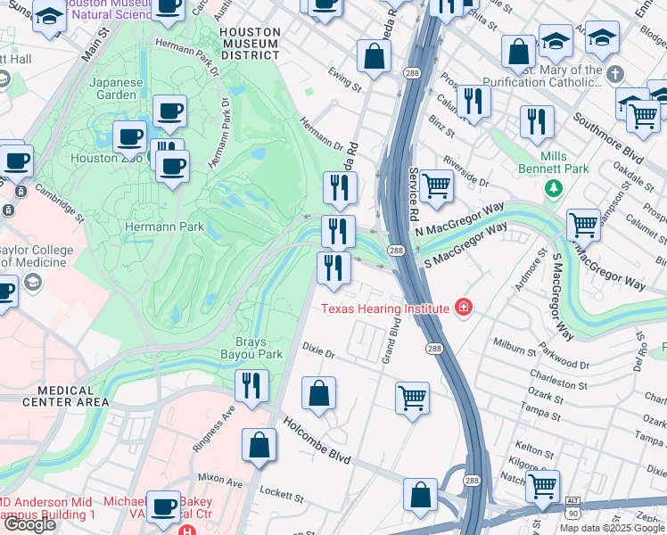 map of restaurants, bars, coffee shops, grocery stores, and more near in Houston