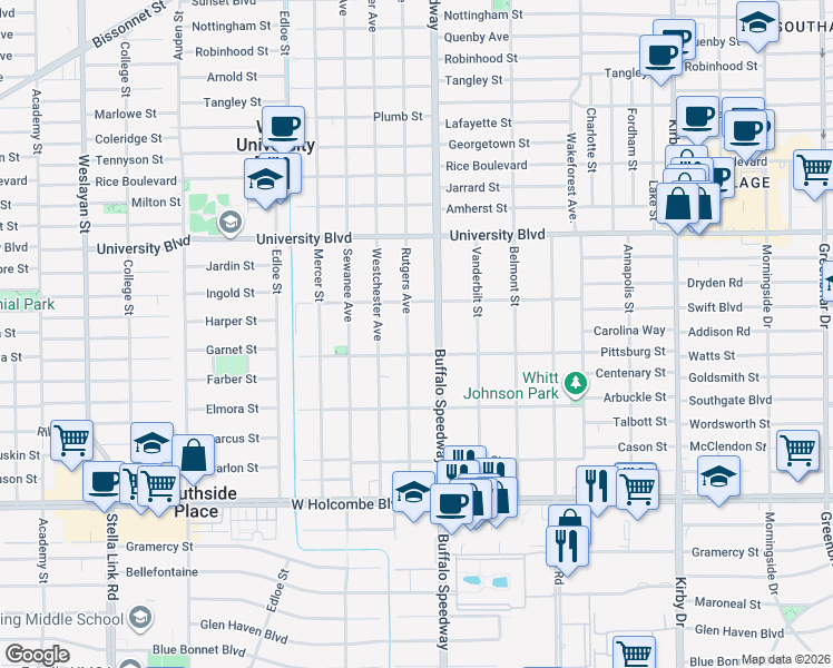 map of restaurants, bars, coffee shops, grocery stores, and more near 6421 Rutgers Avenue in Houston