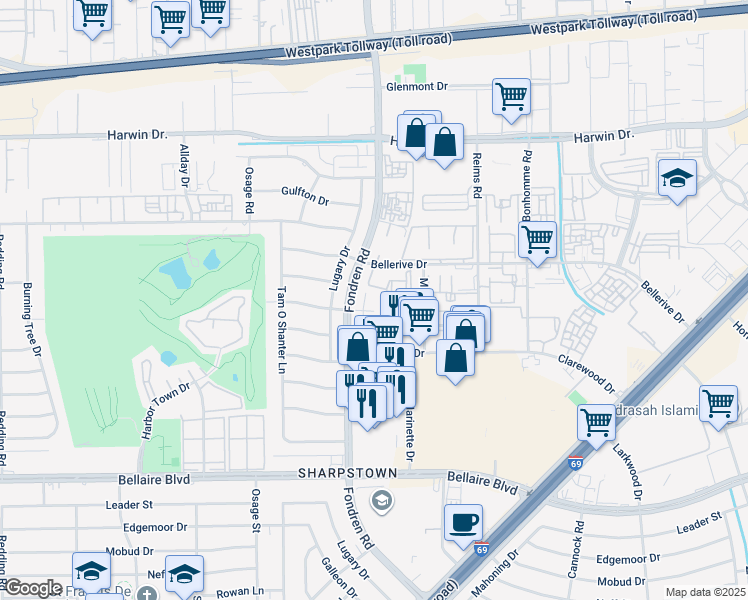 map of restaurants, bars, coffee shops, grocery stores, and more near 7650 Moonmist Drive in Houston