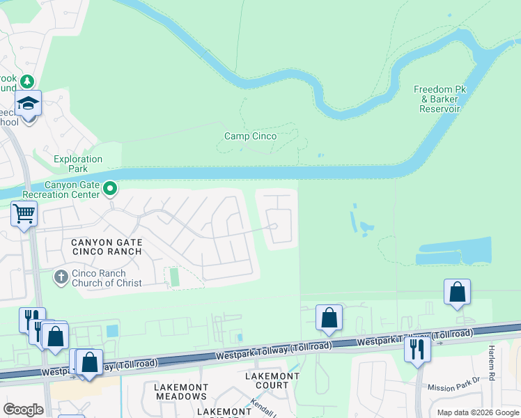 map of restaurants, bars, coffee shops, grocery stores, and more near 19767 Twin Canyon Court in Katy