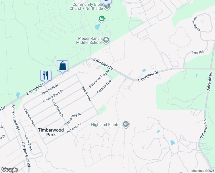 map of restaurants, bars, coffee shops, grocery stores, and more near 1335 Cochise Trail in San Antonio