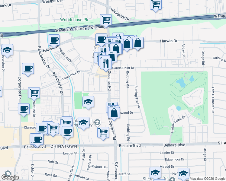 map of restaurants, bars, coffee shops, grocery stores, and more near 6425 South Gessner Road in Houston