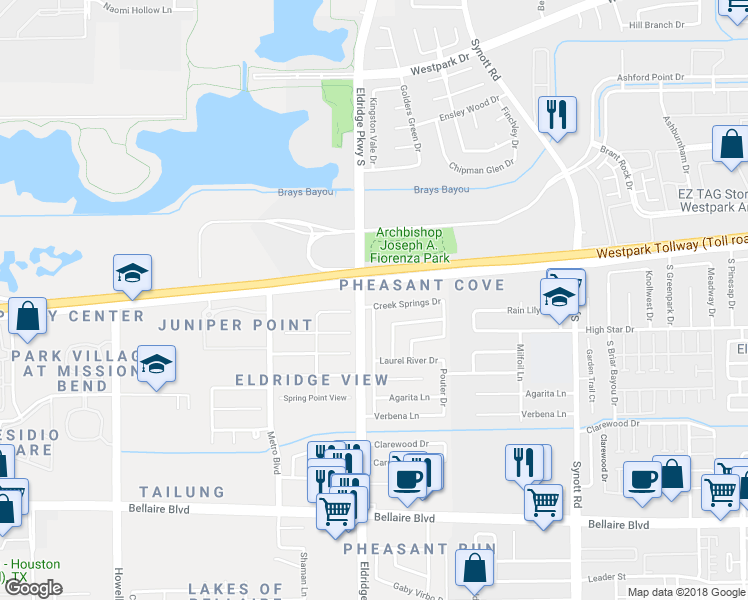 map of restaurants, bars, coffee shops, grocery stores, and more near 13542 Creek Springs Drive in Houston