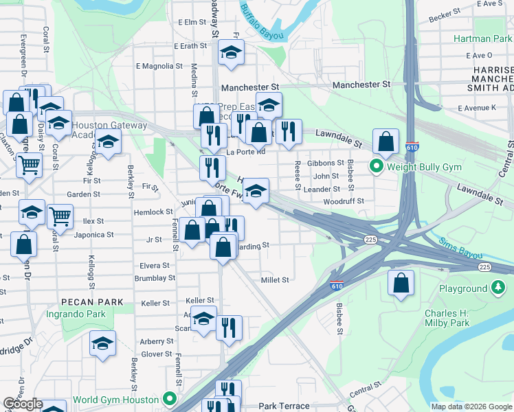 map of restaurants, bars, coffee shops, grocery stores, and more near 165 Woodruff Street in Houston