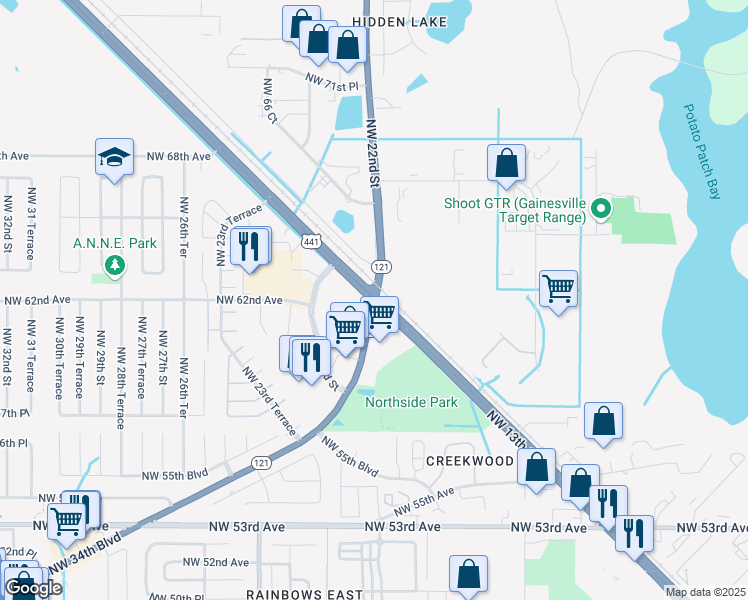 map of restaurants, bars, coffee shops, grocery stores, and more near Northwest 34th Street in Gainesville