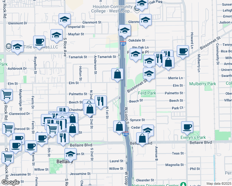 map of restaurants, bars, coffee shops, grocery stores, and more near 6330 West Loop South Freeway in Bellaire