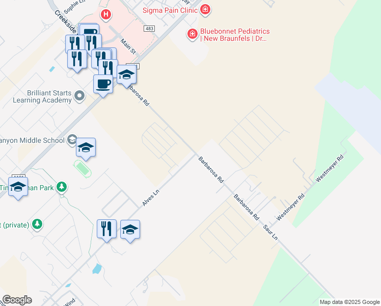 map of restaurants, bars, coffee shops, grocery stores, and more near 972 Barbarosa Road in New Braunfels