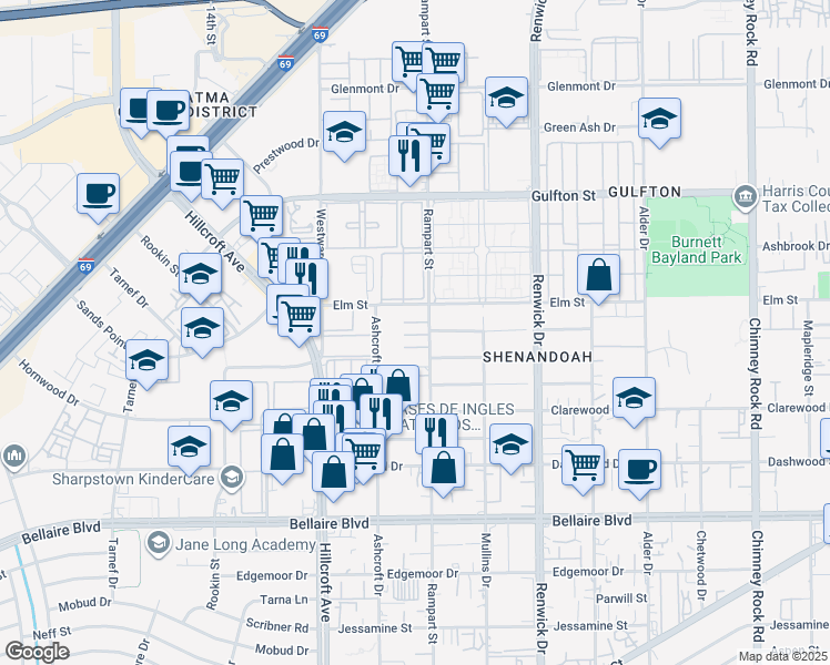 map of restaurants, bars, coffee shops, grocery stores, and more near 6335 Ashcroft Drive in Houston