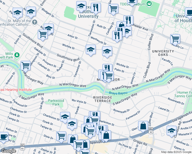 map of restaurants, bars, coffee shops, grocery stores, and more near 3629 North MacGregor Way in Houston