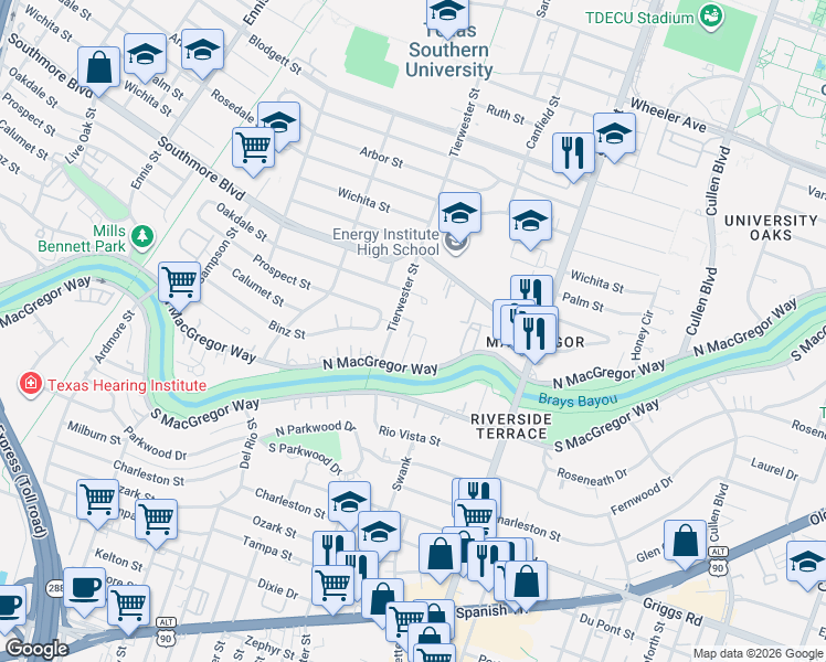 map of restaurants, bars, coffee shops, grocery stores, and more near 3501 North MacGregor Way in Houston