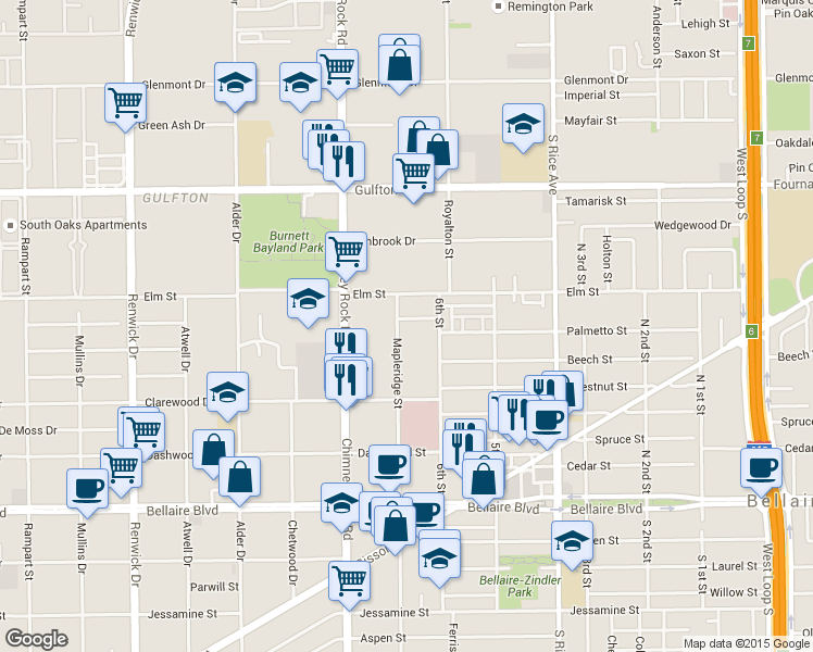 map of restaurants, bars, coffee shops, grocery stores, and more near 5309 Palmetto Street in Houston