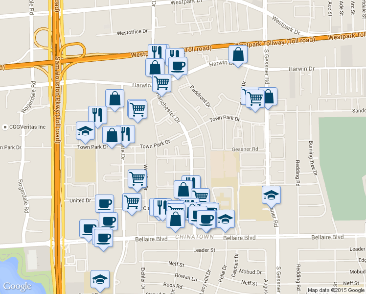 map of restaurants, bars, coffee shops, grocery stores, and more near 9303 Town Park Drive in Houston