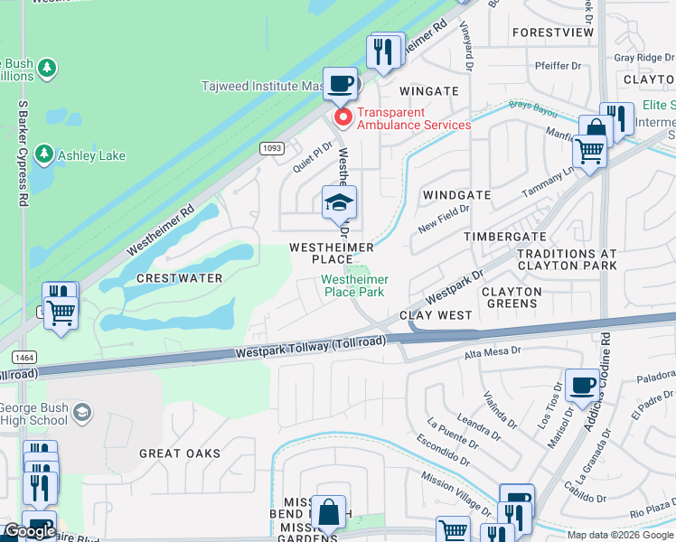 map of restaurants, bars, coffee shops, grocery stores, and more near 4203 Bearden Place Lane in Houston