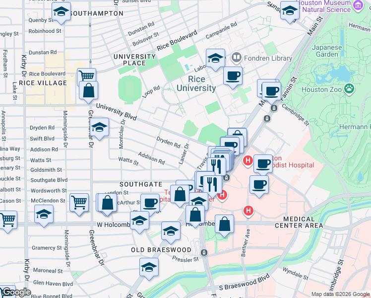 map of restaurants, bars, coffee shops, grocery stores, and more near 6598 Lanier Drive in Houston