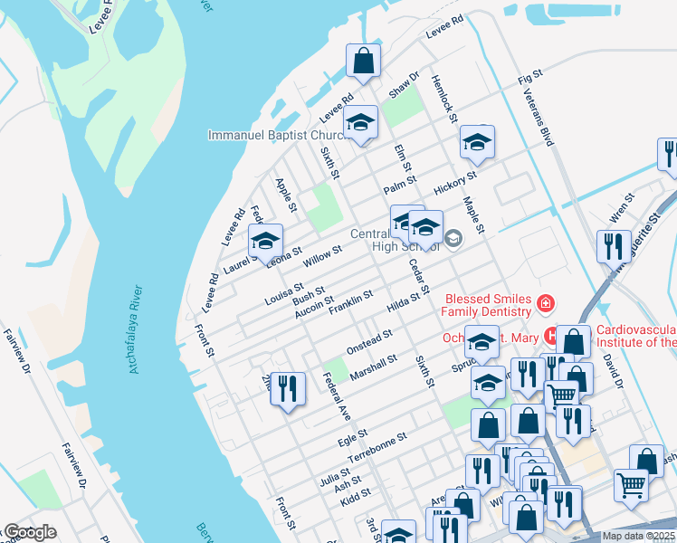 map of restaurants, bars, coffee shops, grocery stores, and more near 614 Louisa Street in Morgan City