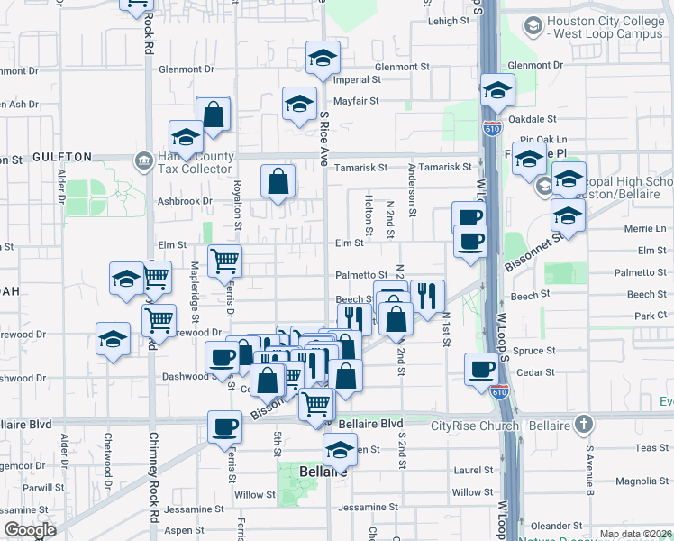 map of restaurants, bars, coffee shops, grocery stores, and more near 5006 Palmetto Street in Bellaire