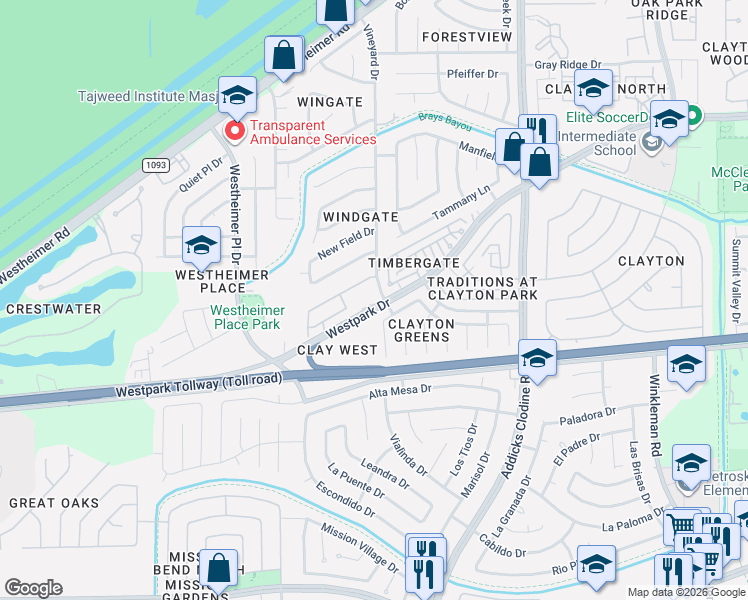map of restaurants, bars, coffee shops, grocery stores, and more near 16116 Westpark Drive in Houston