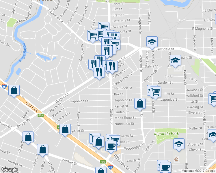 map of restaurants, bars, coffee shops, grocery stores, and more near 6937 Hemlock Street in Houston