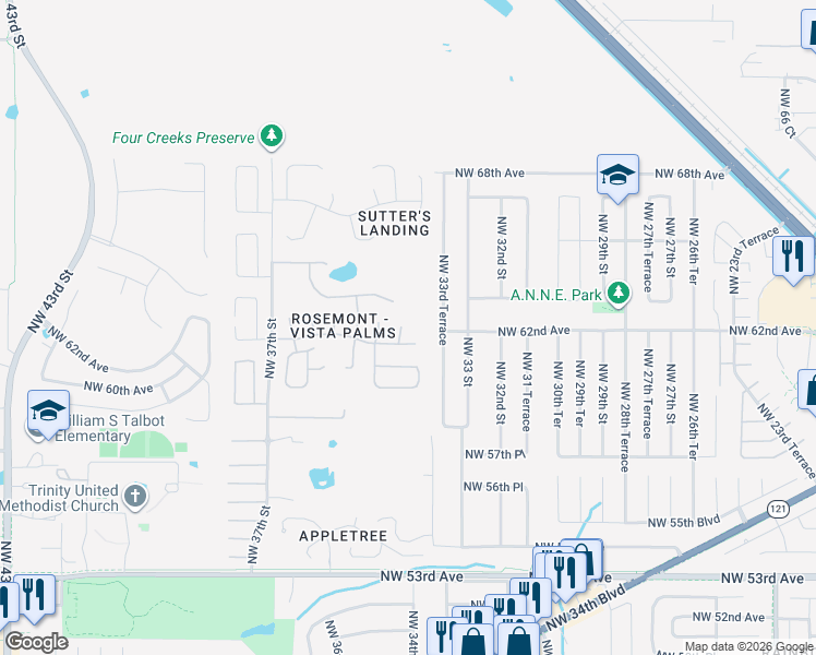 map of restaurants, bars, coffee shops, grocery stores, and more near 8221 34th Drive in Gainesville