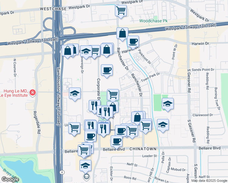 map of restaurants, bars, coffee shops, grocery stores, and more near Town Park Drive in Houston