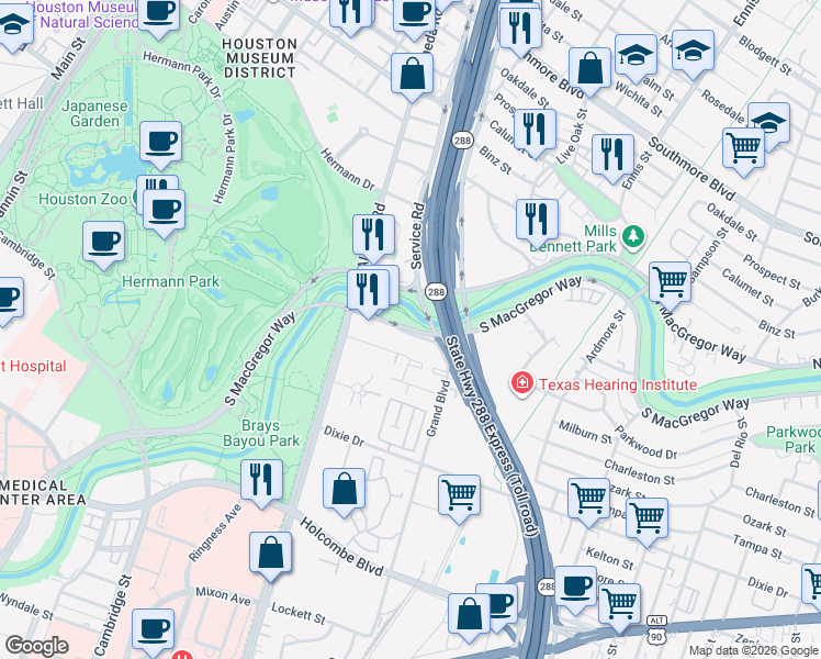 map of restaurants, bars, coffee shops, grocery stores, and more near 2311 South Macgregor Way in Houston