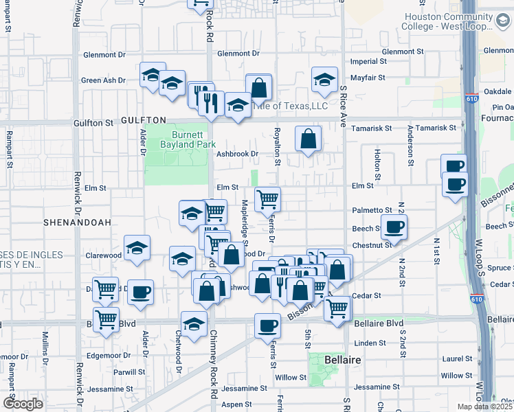map of restaurants, bars, coffee shops, grocery stores, and more near 5309 Palmetto Street in Houston