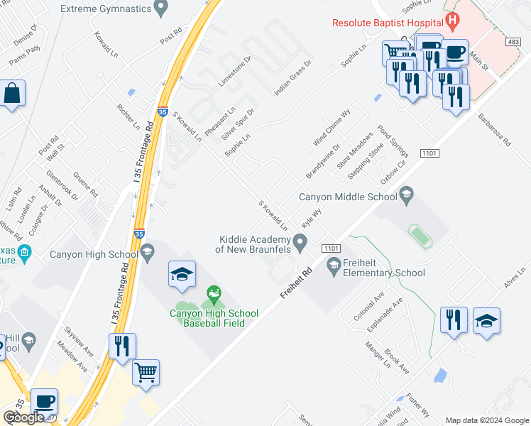 map of restaurants, bars, coffee shops, grocery stores, and more near 1793 Tristan Trail in New Braunfels