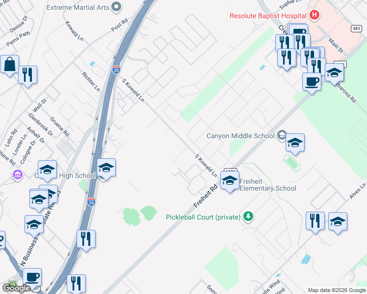 map of restaurants, bars, coffee shops, grocery stores, and more near 1793 Tristan Trail in New Braunfels