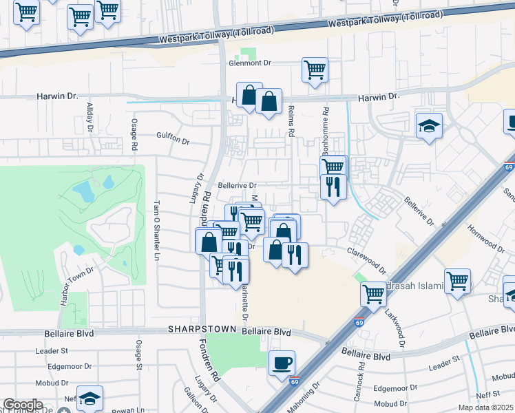 map of restaurants, bars, coffee shops, grocery stores, and more near 6203 Marinette Drive in Houston