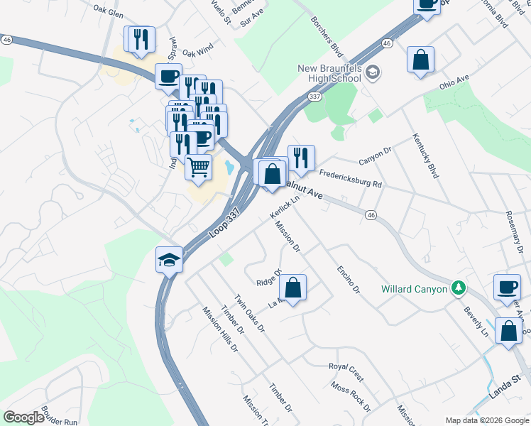 map of restaurants, bars, coffee shops, grocery stores, and more near 282 Kerlick Lane in New Braunfels