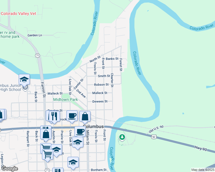 map of restaurants, bars, coffee shops, grocery stores, and more near 221 Robson Street in Columbus