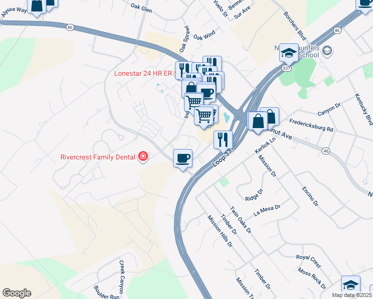 map of restaurants, bars, coffee shops, grocery stores, and more near 2215 Independence Drive in New Braunfels