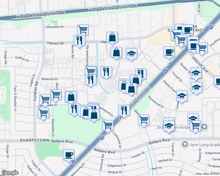 map of restaurants, bars, coffee shops, grocery stores, and more near 7203 Bellerive Drive in Houston