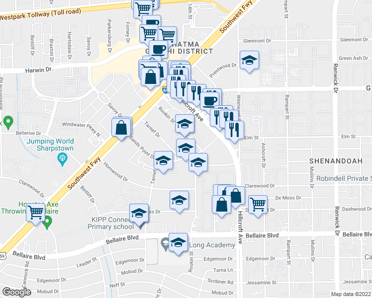 map of restaurants, bars, coffee shops, grocery stores, and more near 6500 Sands Point Drive in Houston