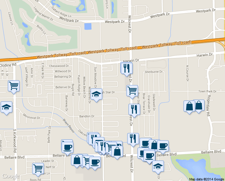 map of restaurants, bars, coffee shops, grocery stores, and more near 11030 High Star Drive in Houston