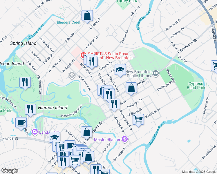 map of restaurants, bars, coffee shops, grocery stores, and more near 262 North Washington Avenue in New Braunfels