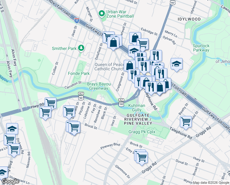 map of restaurants, bars, coffee shops, grocery stores, and more near 2906 Carrolton Street in Houston
