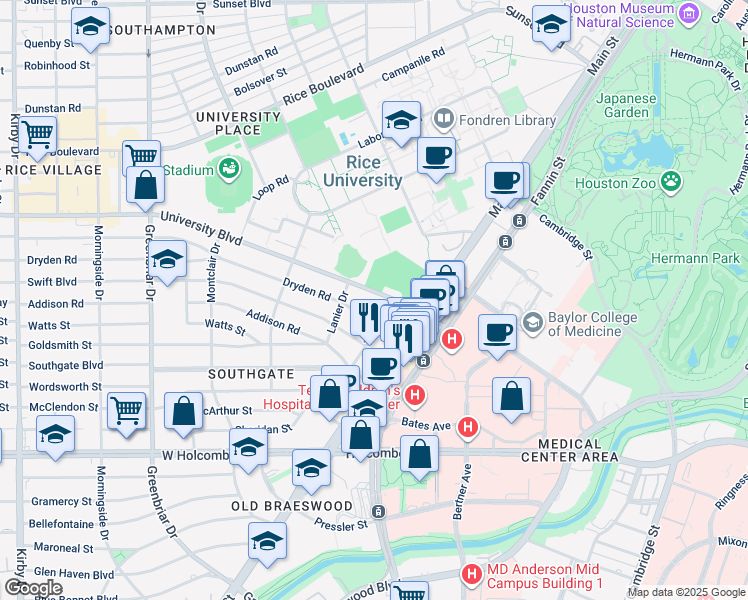 map of restaurants, bars, coffee shops, grocery stores, and more near 1919 University Boulevard in Houston